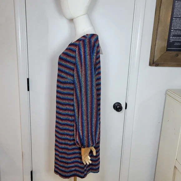 Anthropologie Eri + Ali Shimmer Stripe Long Sleeve Dress M Metallic Holiday - Picture 8 of 10